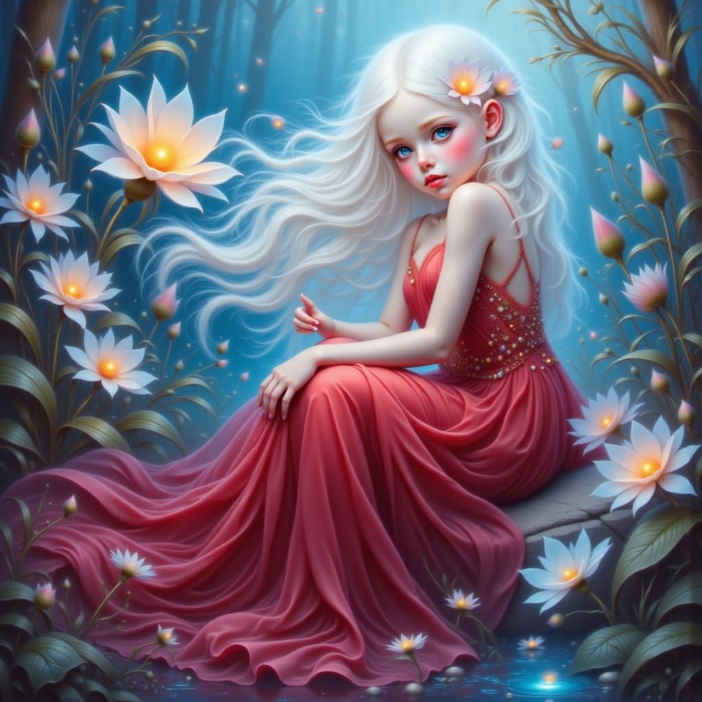 Albino Girl in Crimson Dress on Ice, Fantasy Art