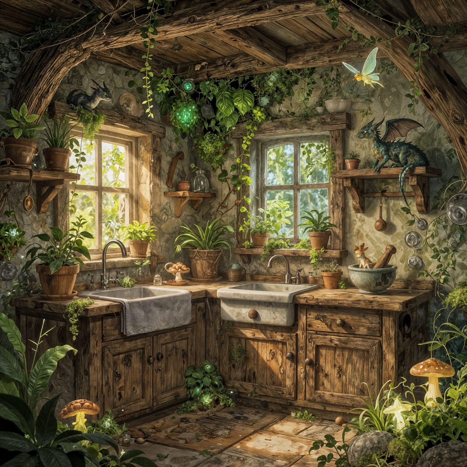 Whimsical Witch Kitchen with Magical Creatures
