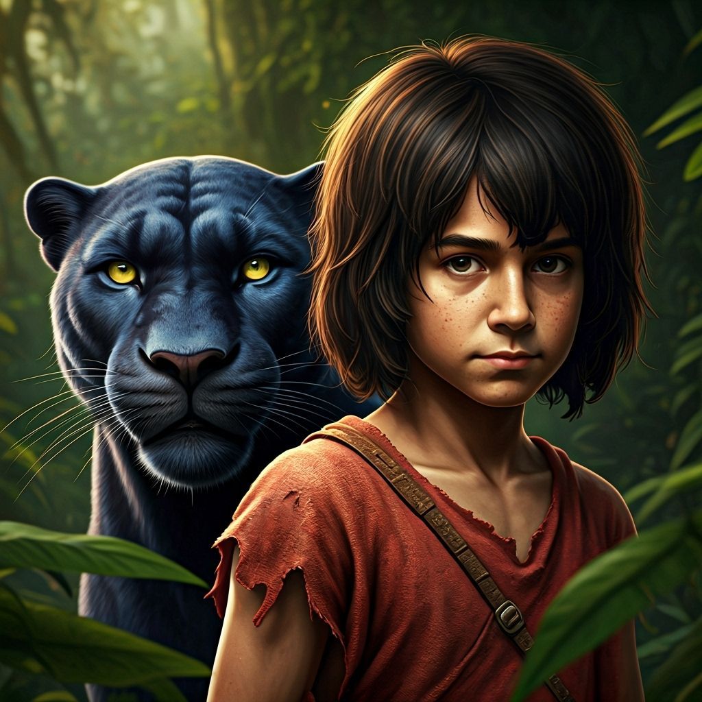 Mowgli and Bagheera Portrait in Fantasy Realism Style