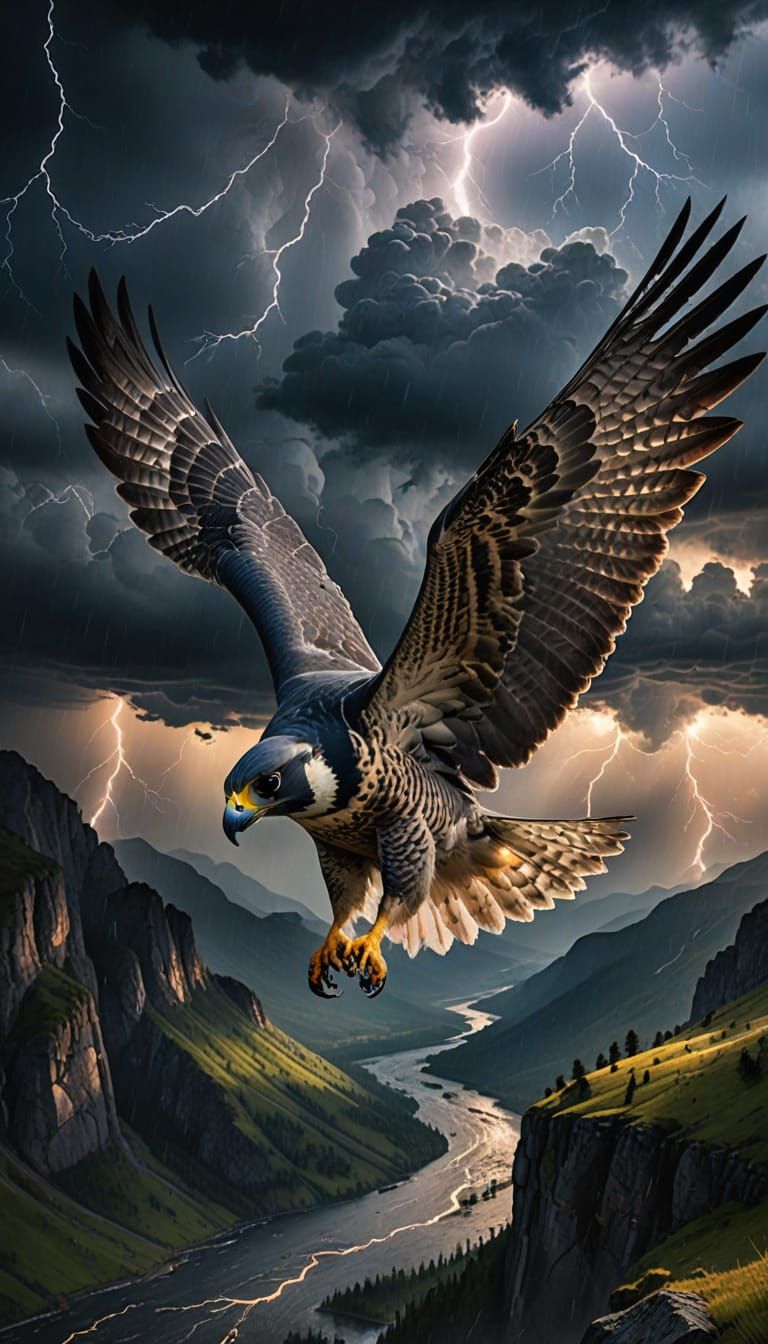 Majestic Peregrine Falcon Soars Amidst Stormy Clouds in Cine...