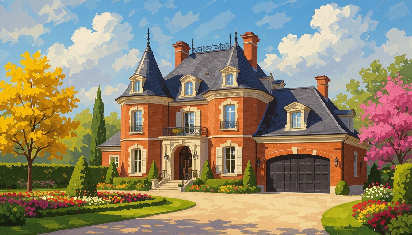 Grand Brick Chateau with Vibrant Garden and Blue Sky