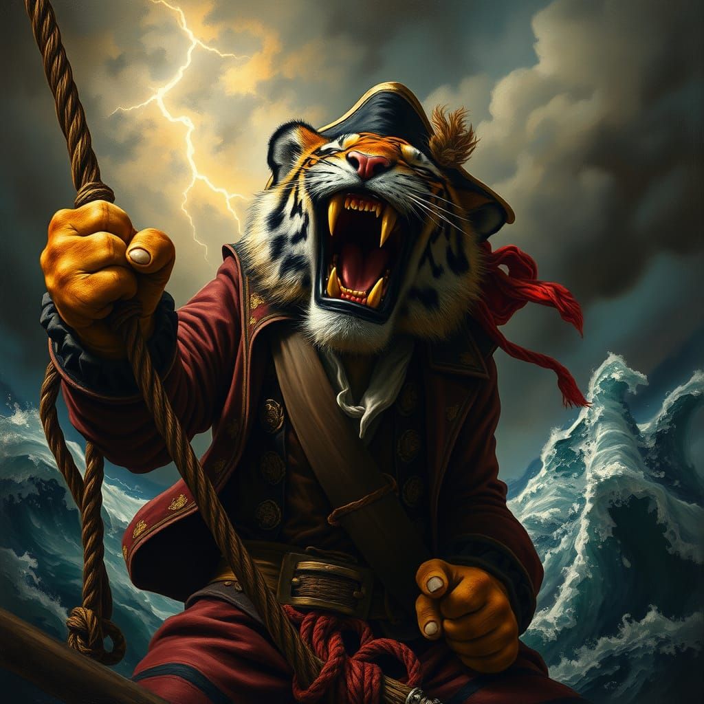 Tiger Pirate Laughing Amidst Storm, in Baroque Style