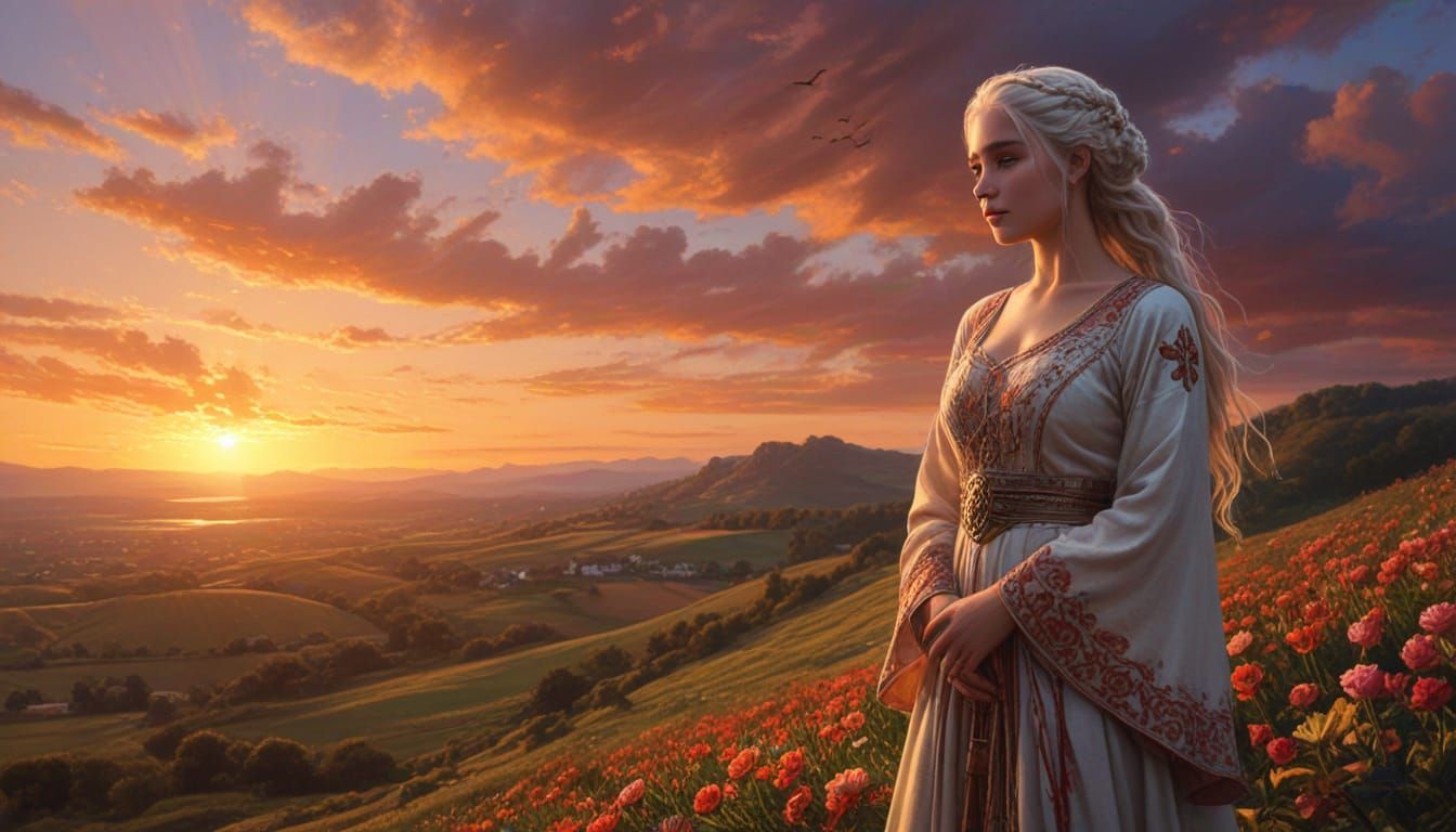 Daenerys Targaryen, dressed in a Ukrainian cross-stitched folk long dress and a wreath of flowers on her head, stands on...