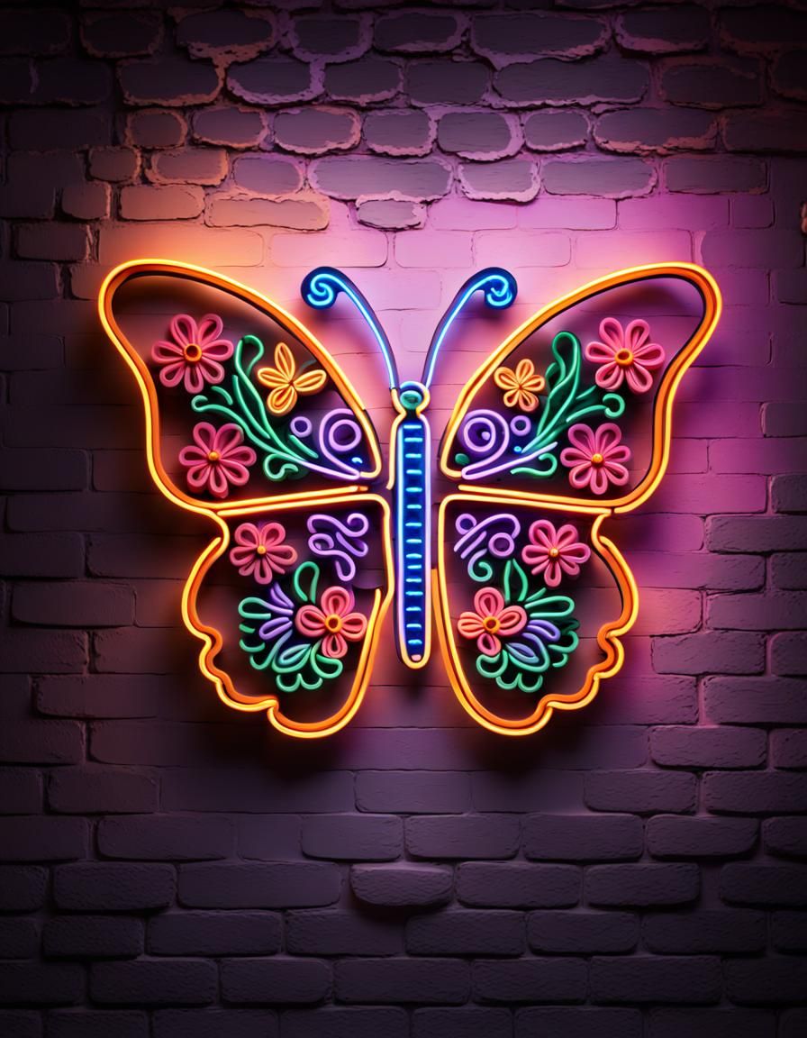 Neon Butterfly "Flowers" Sign with Bokeh Lighting