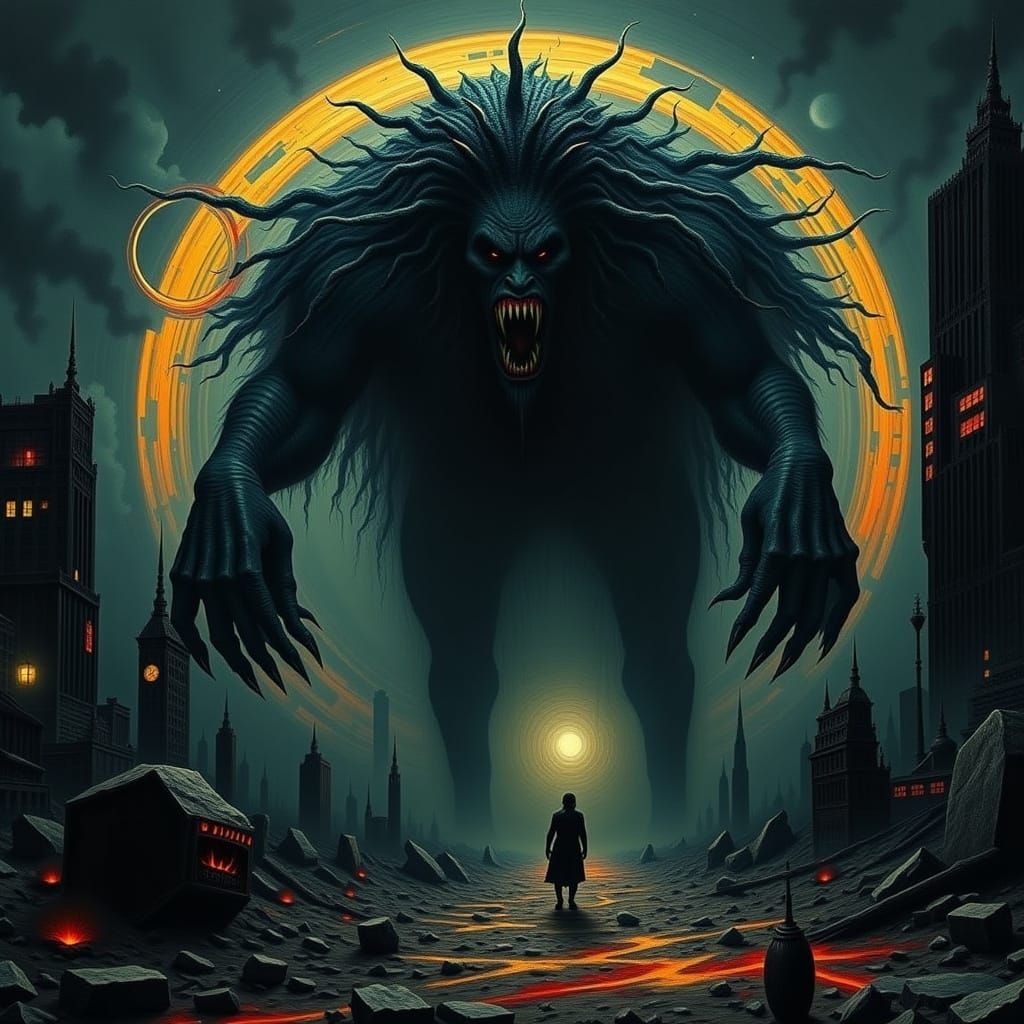 Dark Surreal Horror Beast in Dystopian Metropolis