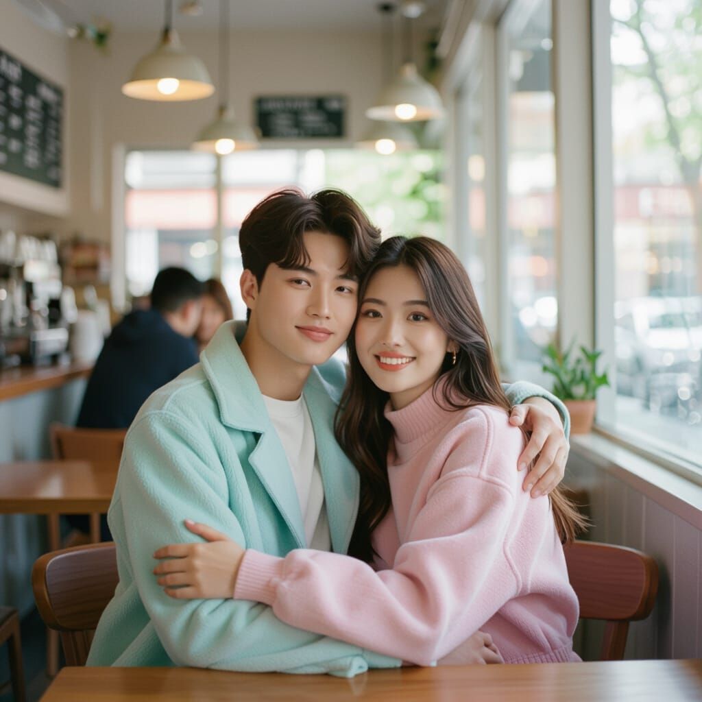Young Couple Embracing in Trendy Cafe, Bokeh Effect