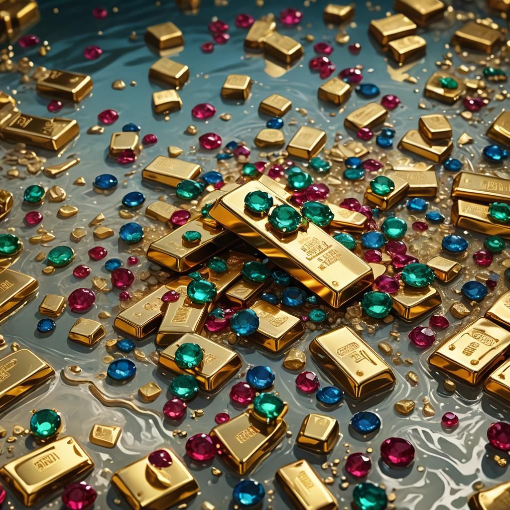 Melting Gold Bars and Jewels in Vivid Digital Art
