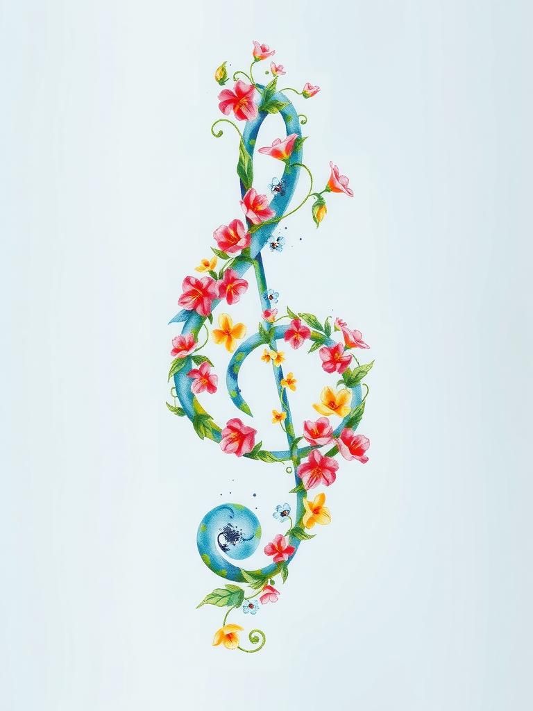 Floral Treble Clef in Watercolor Impressionism