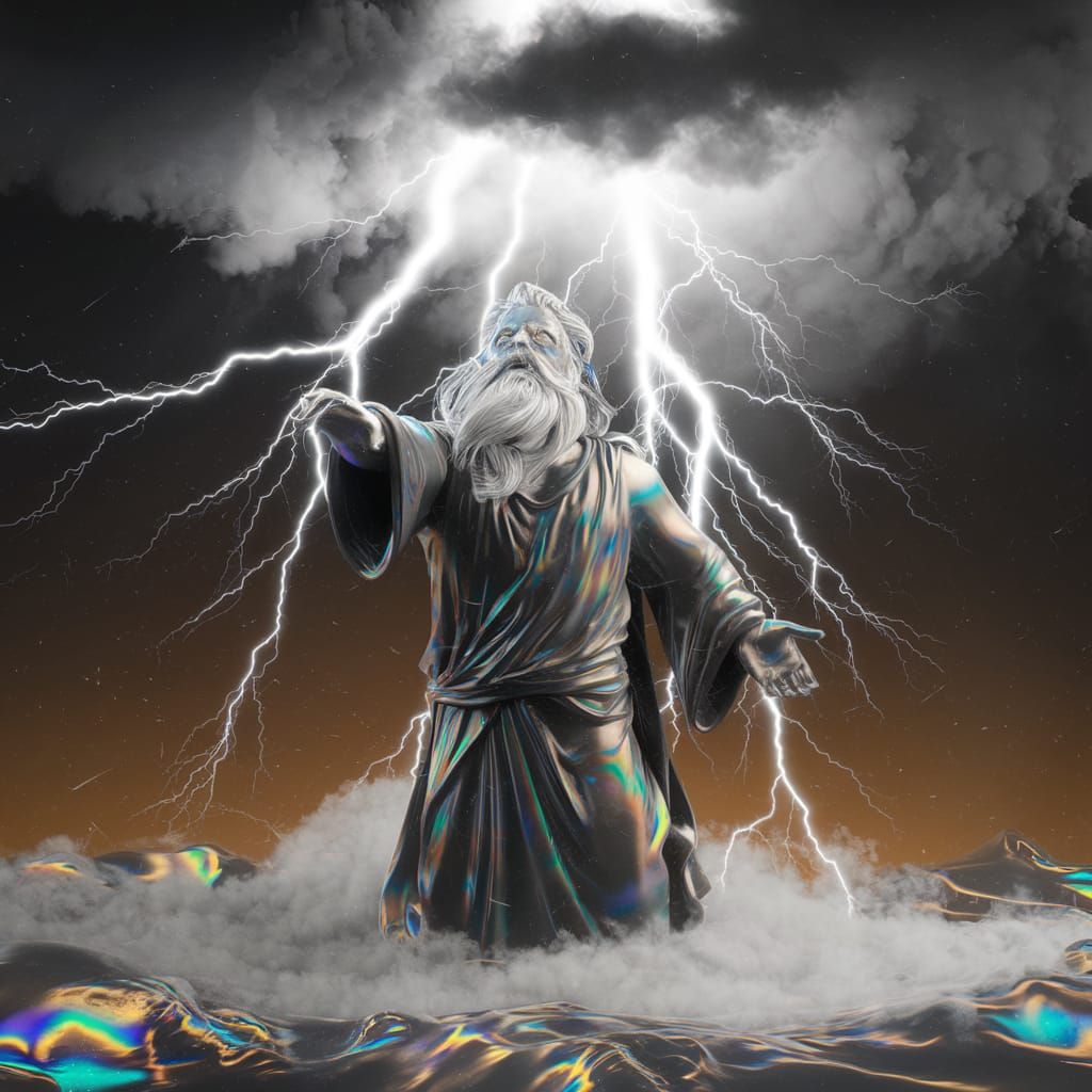 Moses-like God Tossing Thunderbolts, Hyperdetailed Art