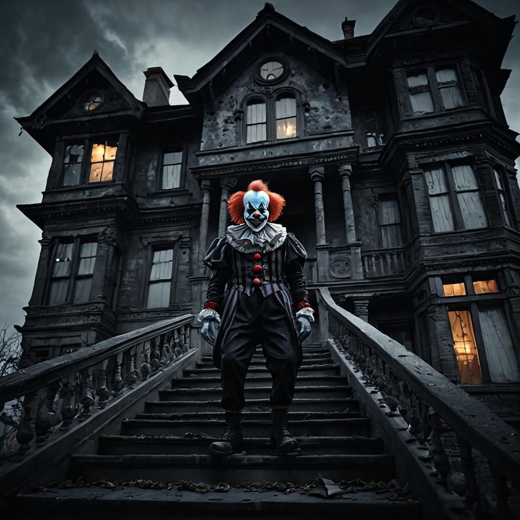 Scared Clown on Gothic Mansion in Gothic Horror Style