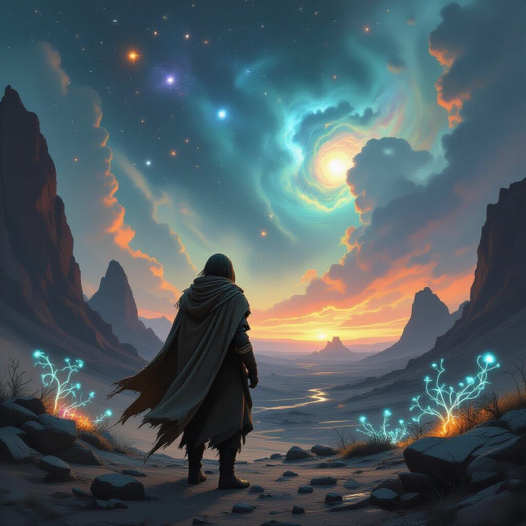 Lone Wanderer on Alien Planet in Dark Fantasy Style