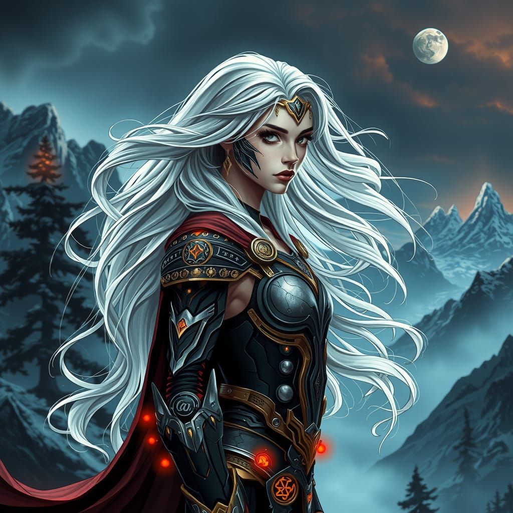 Cyborg God of Thunder in Dark Fantasy Landscape