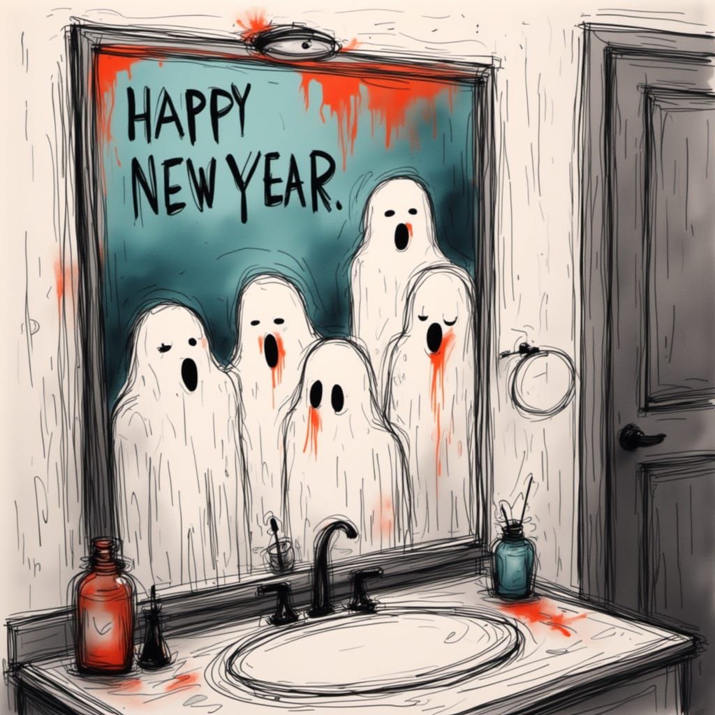 New Year Message in Blood on Mirror with Ghosts