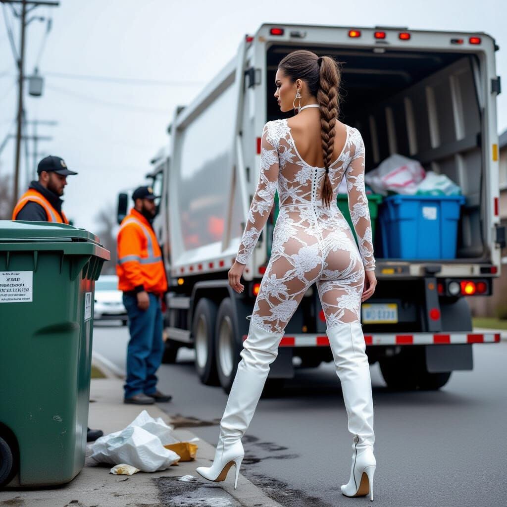Woman in Lace Jumpsuit Taking Out Trash