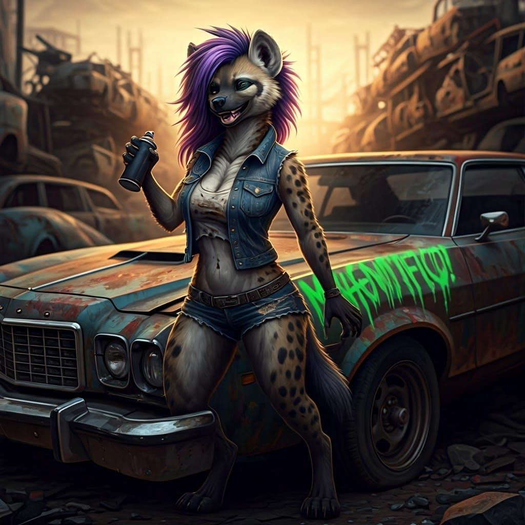 Cyberpunk Goddess Tags Ford Torino with Neon Green Graffiti