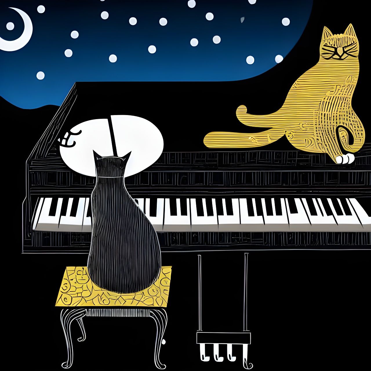 Cat Plays Piano at Night in Woodcut Style