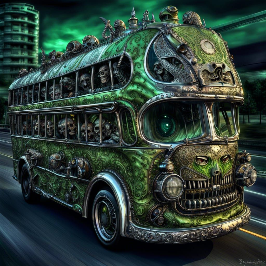 Steampunk Ghoul Bus on Highway at Night