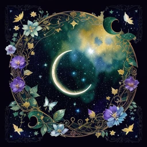 Watercolor Galaxy Crescent Moon with Butterflies and Vines
