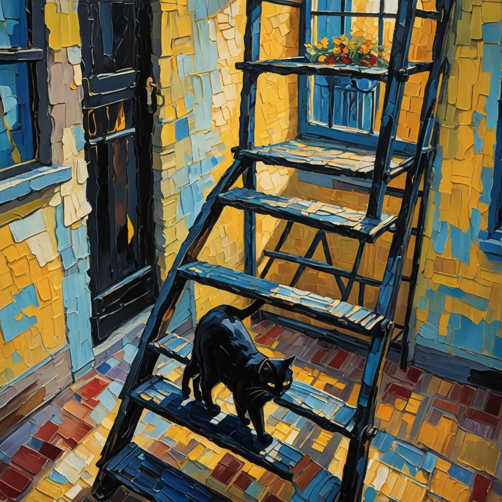 Black Cat Under Ladder: Neo-Impressionist Oil Painting
