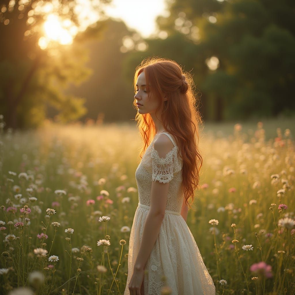 Woman in Meadow: Pre-Raphaelite-Inspired Photorealistic Port...