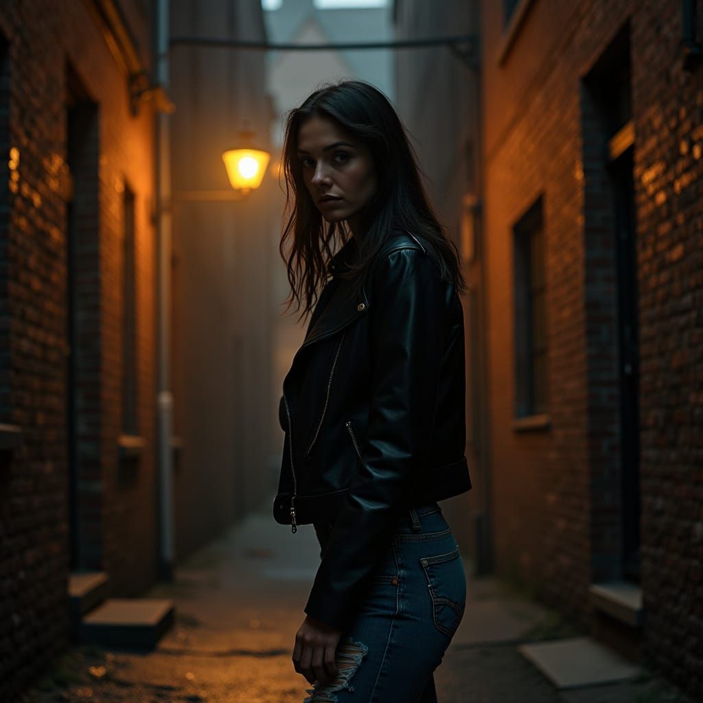 Gritty Alleyway Scene with Woman in Leather Jacket