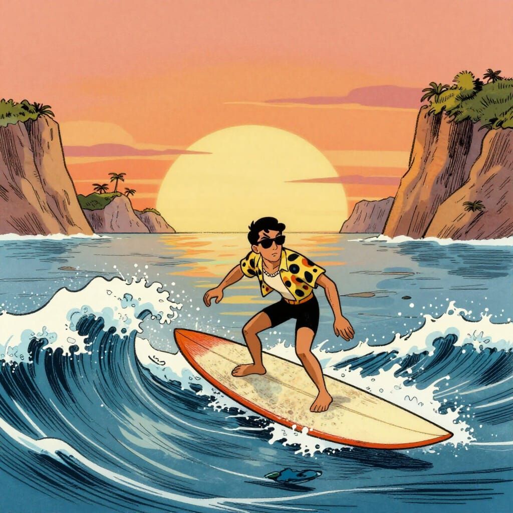 Surfer Riding Wave in Retro Cartoon Style