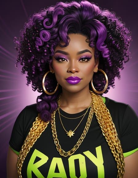 Playful Black Woman with Purple Curls, Digital Illustration