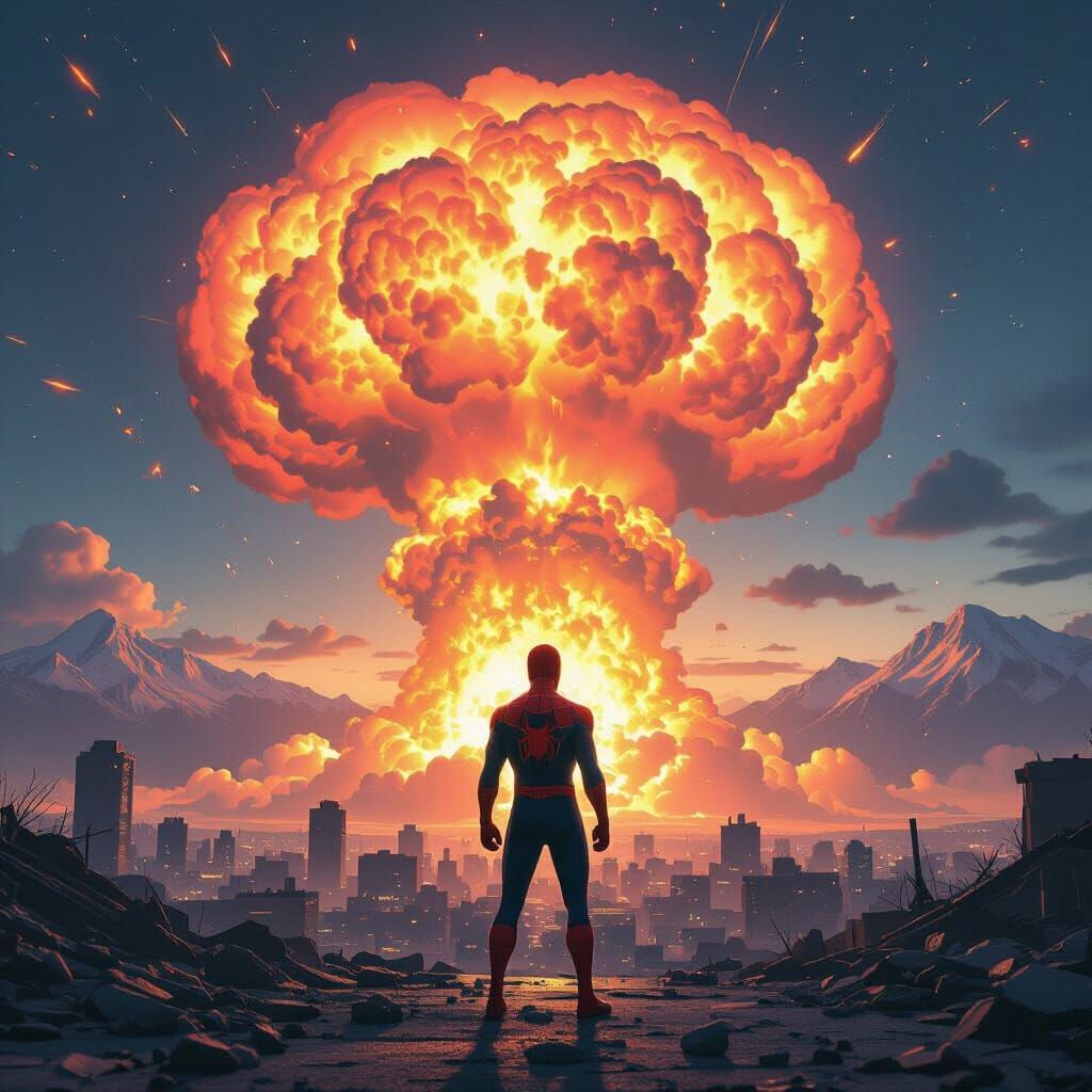 Spider-Man Faces Nuclear Explosion in Photorealistic Style