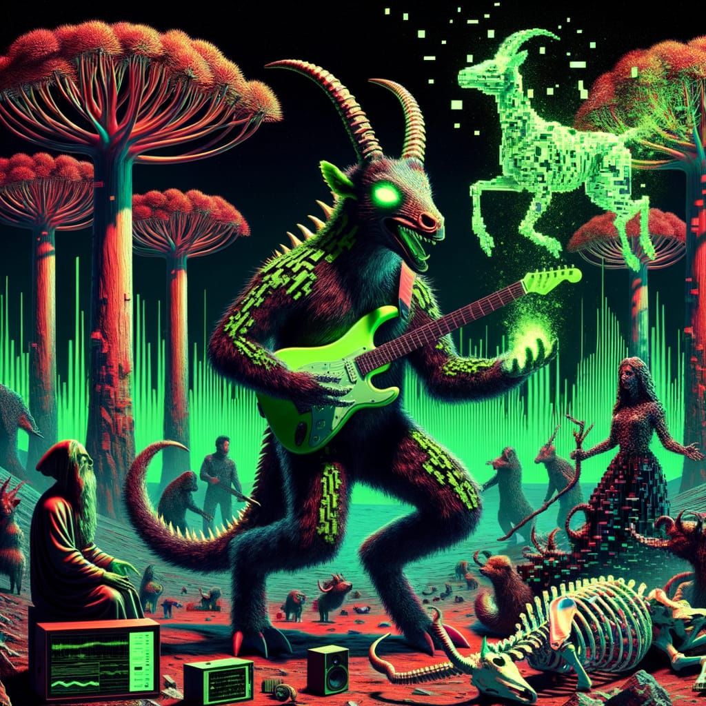 Glitchcore Creature Plays Guitar in Surreal, Pixelated Lands...