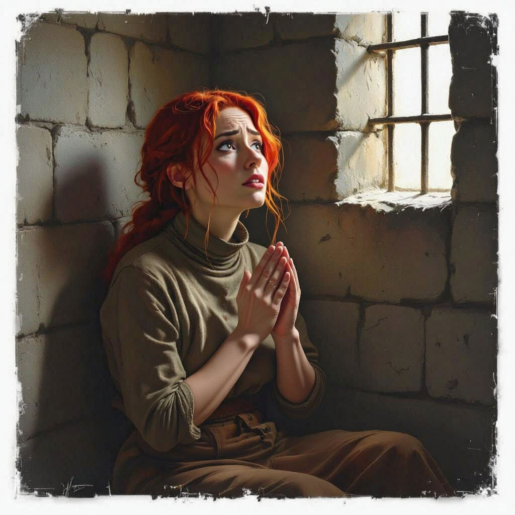 Frightened Woman in Dim Cell: Hyperrealistic Image