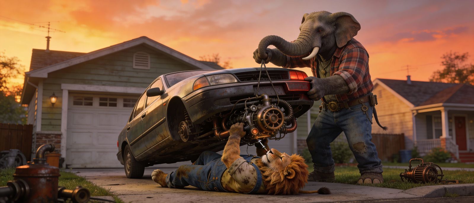 Anthropomorphic Animals Repairing Car at Dusk