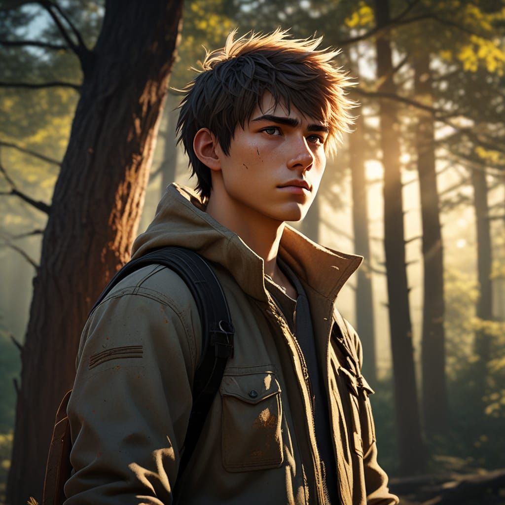 Determined Young Man Stands Tall in Serene Landscape