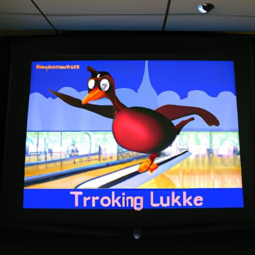 A bowling alley screen showing animation of a turkey