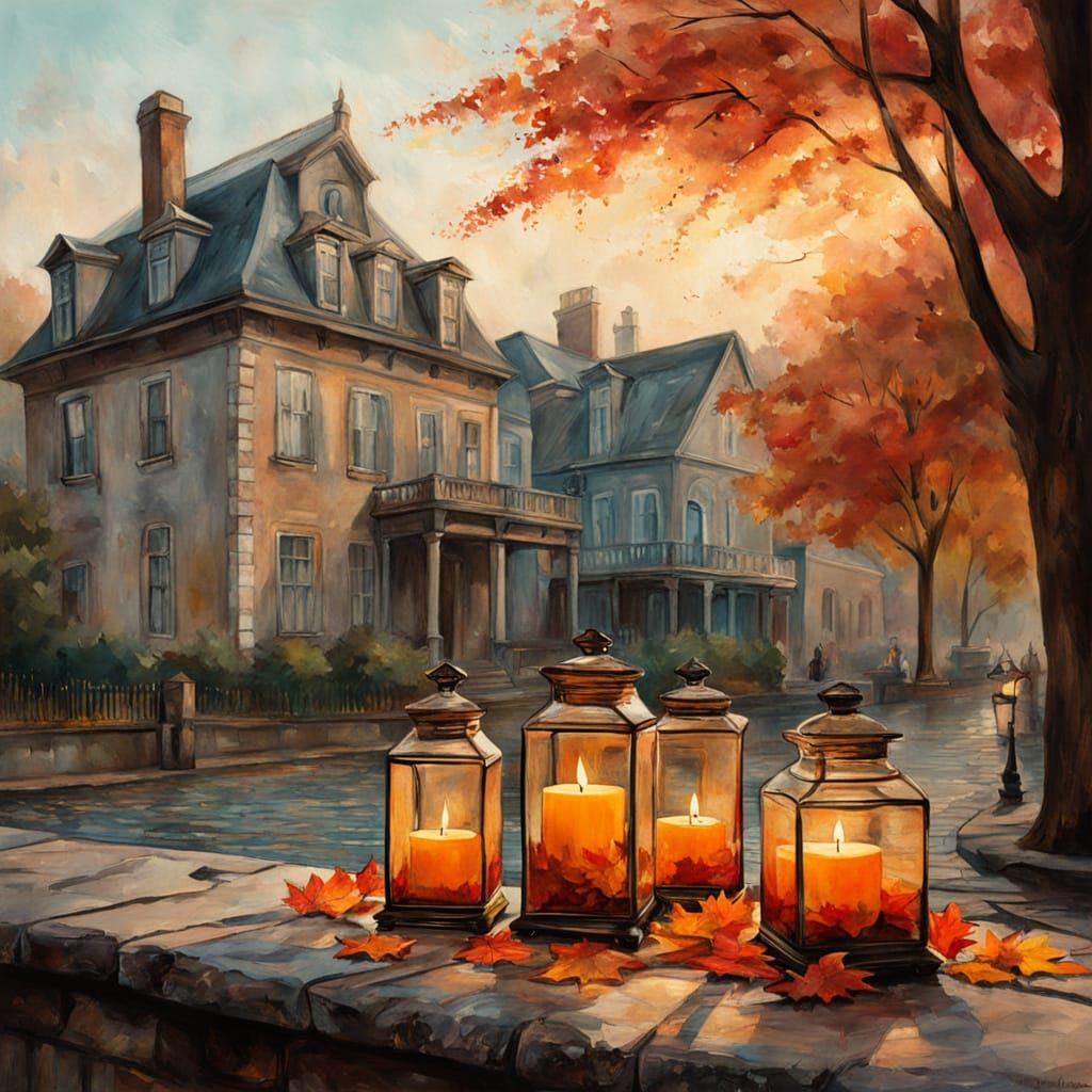 Autumn Still Life: Ornate Bottles on Cobblestone Street