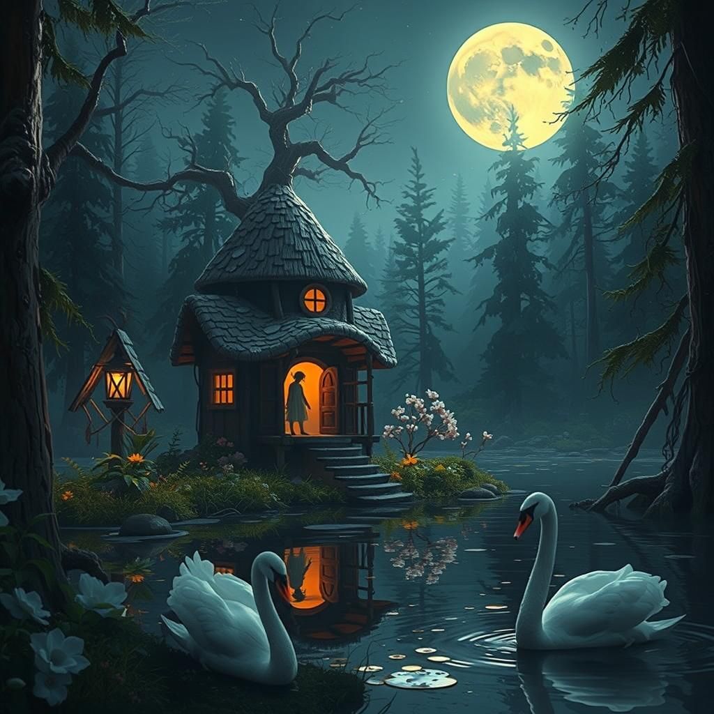 Fairy Elf in Mushroom House Under Starry Moon