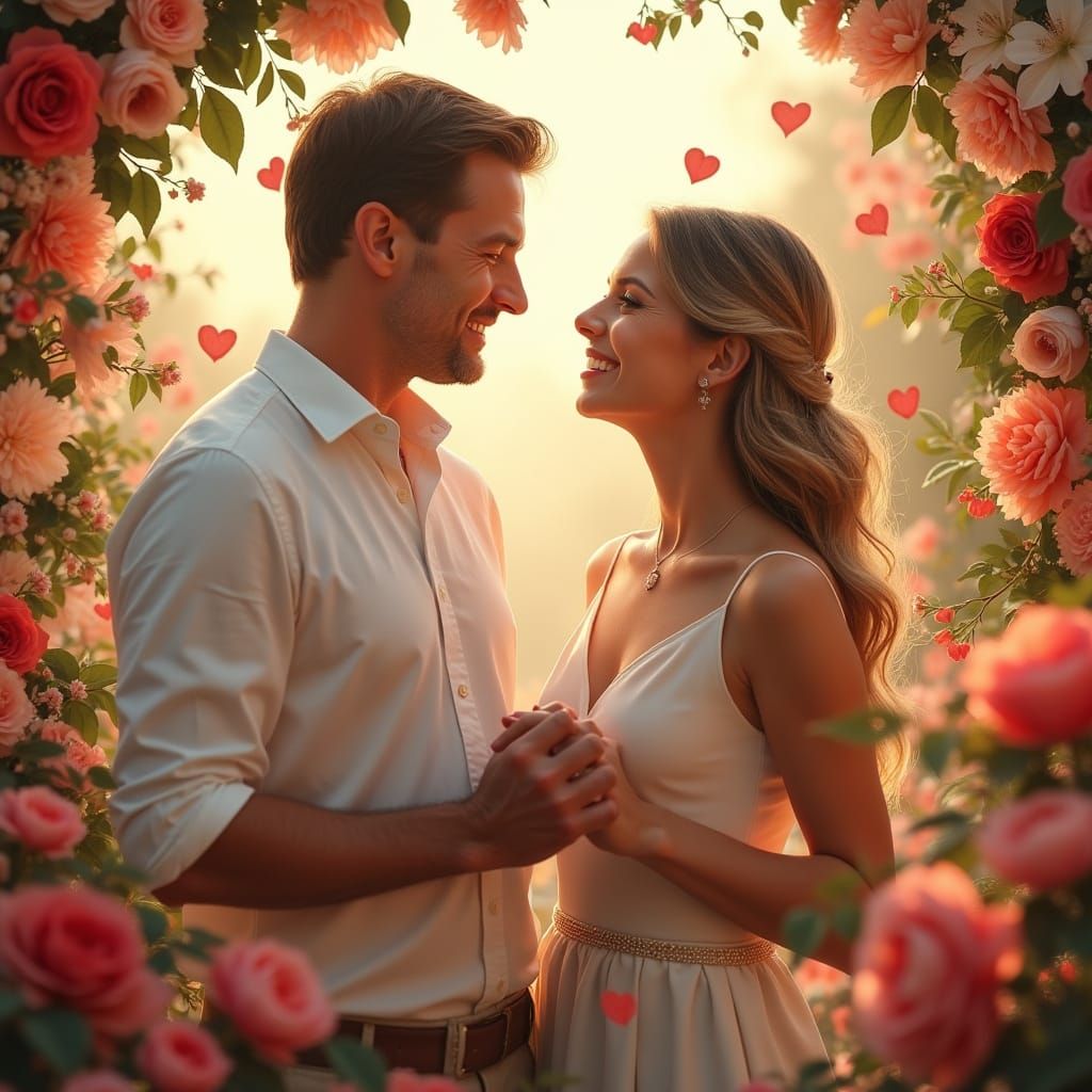 Couple in Love Amidst Vibrant Flowers in a Serene Summer Aft...