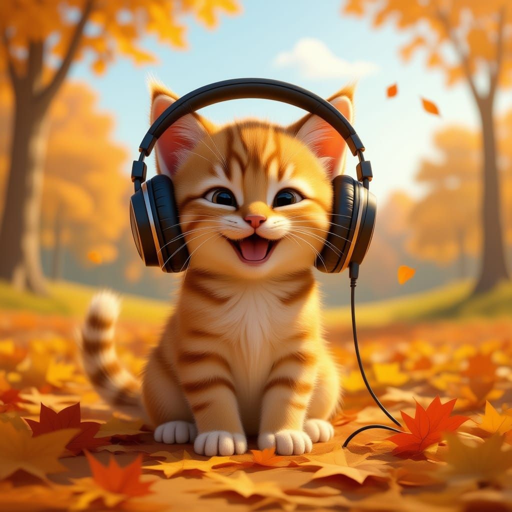 Cute Kitten Enjoys Rock Music Amidst Autumn Leaves