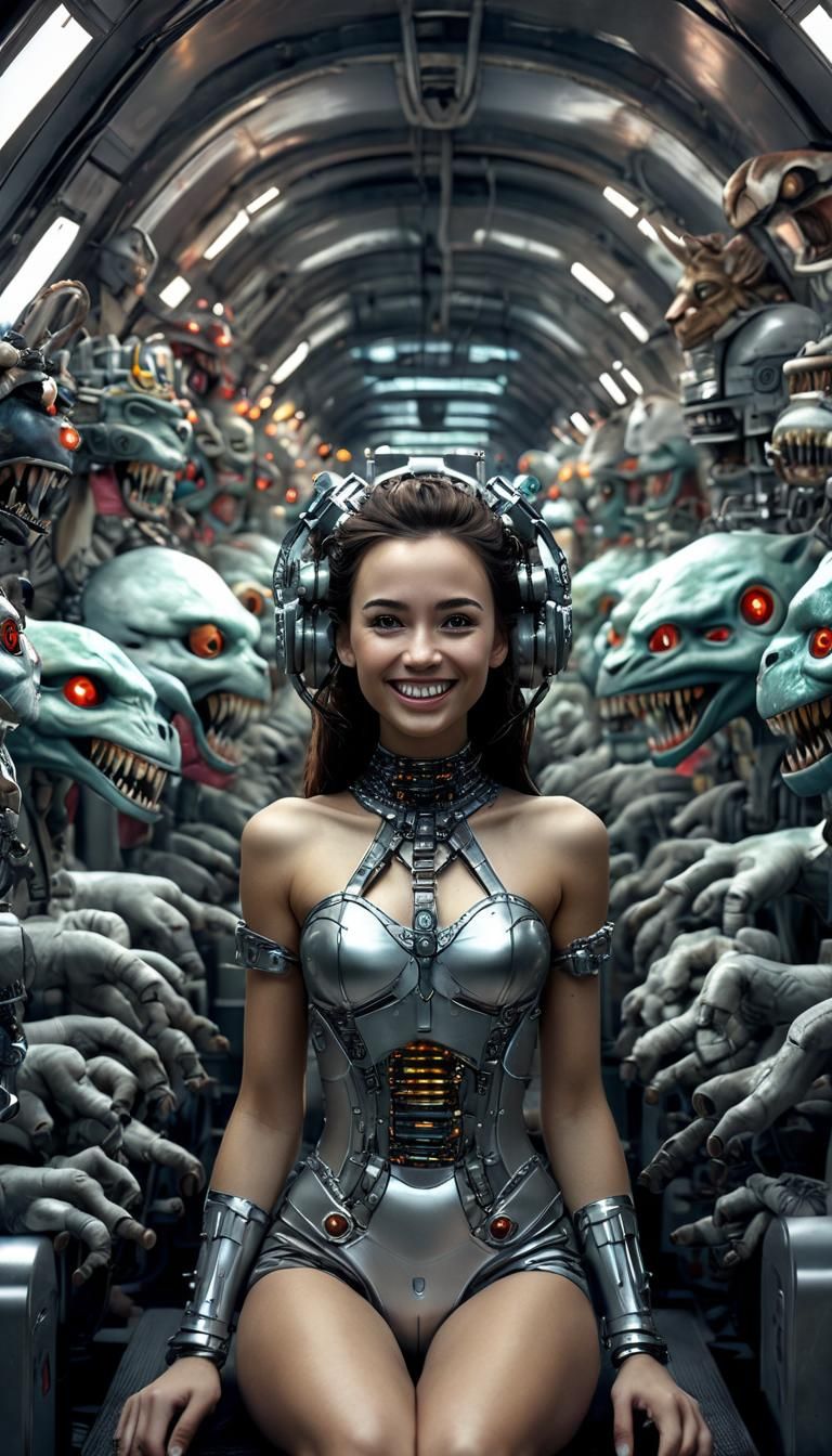 Cyborg Goddess Strolls Through a Neon Cybernetic Abyss