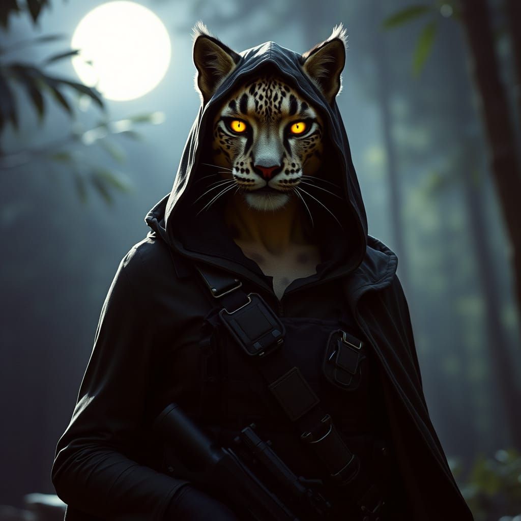 Snow Leopard Vampire Soldier in Amazonian Forest