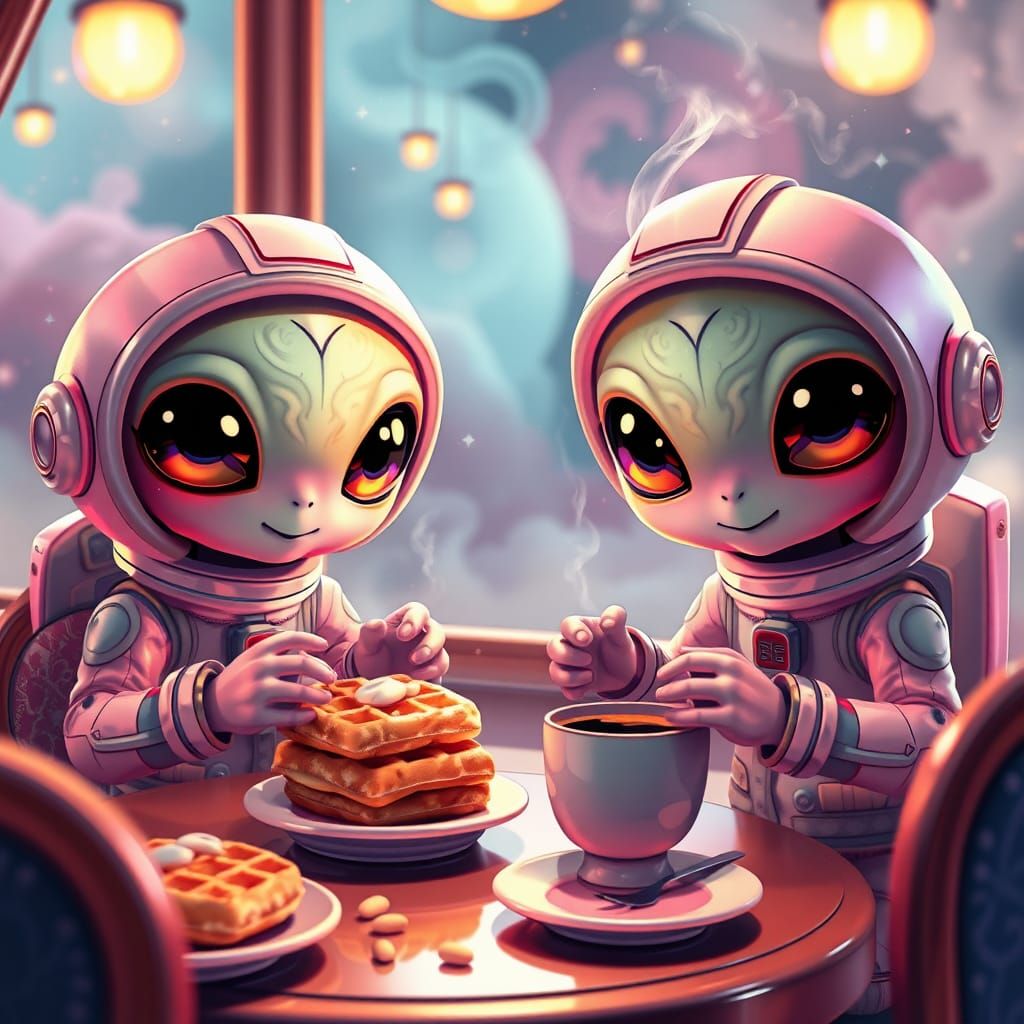 Chibi Aliens Enjoying Breakfast: Dreamlike Illustration