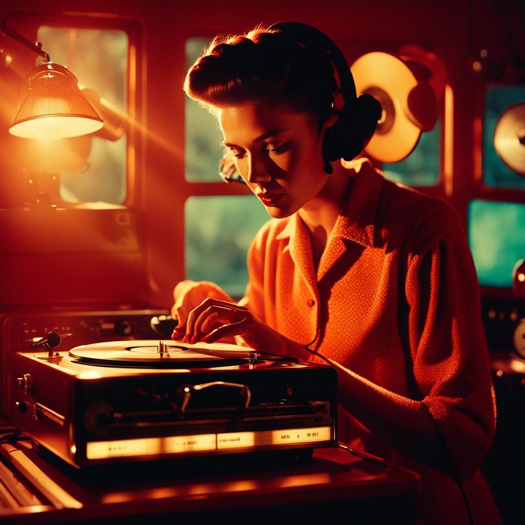 1950s Rockabilly Girl in Radio Station Film Still