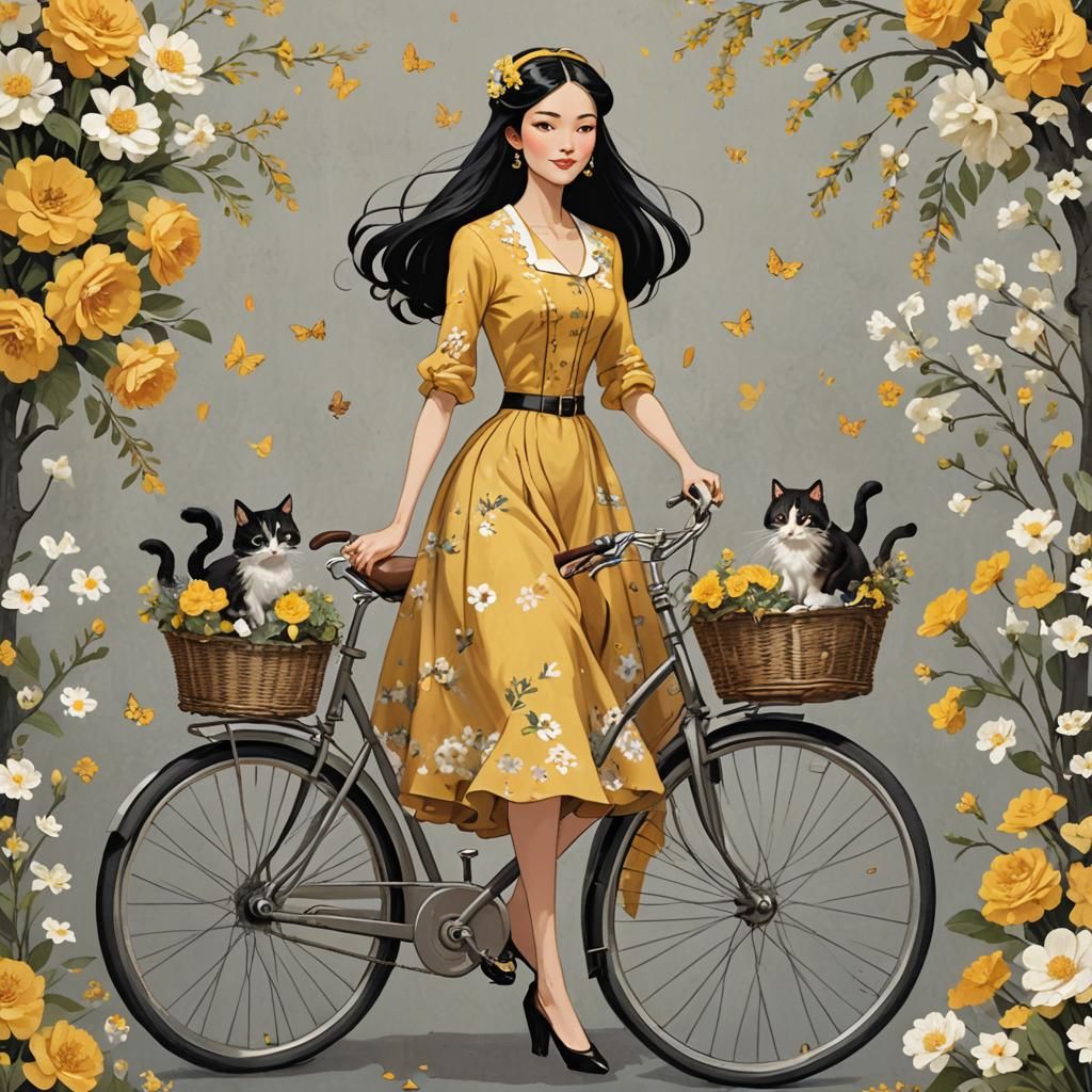 Whimsical Woman Rides Bicycle with Cats, in Watercolor