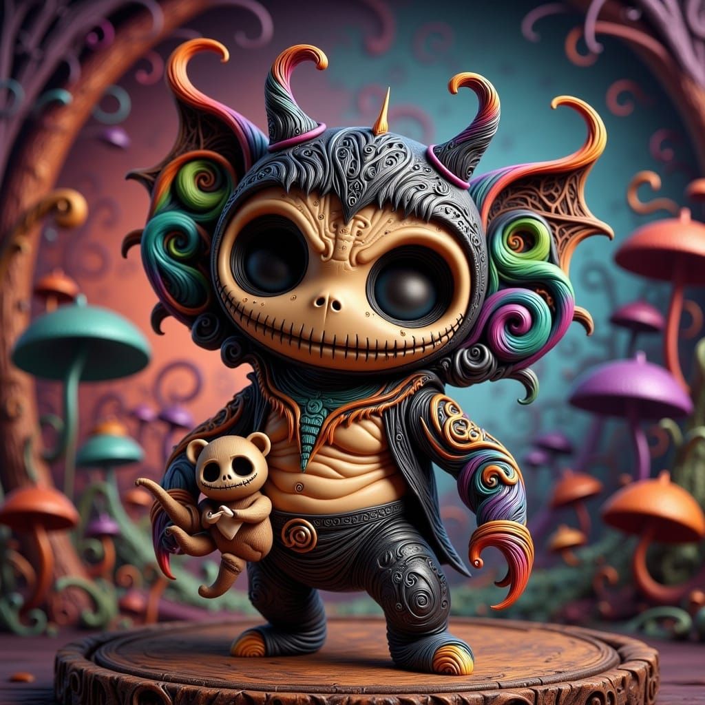 Muscular Chibi Devil Doll with Teddy Bear