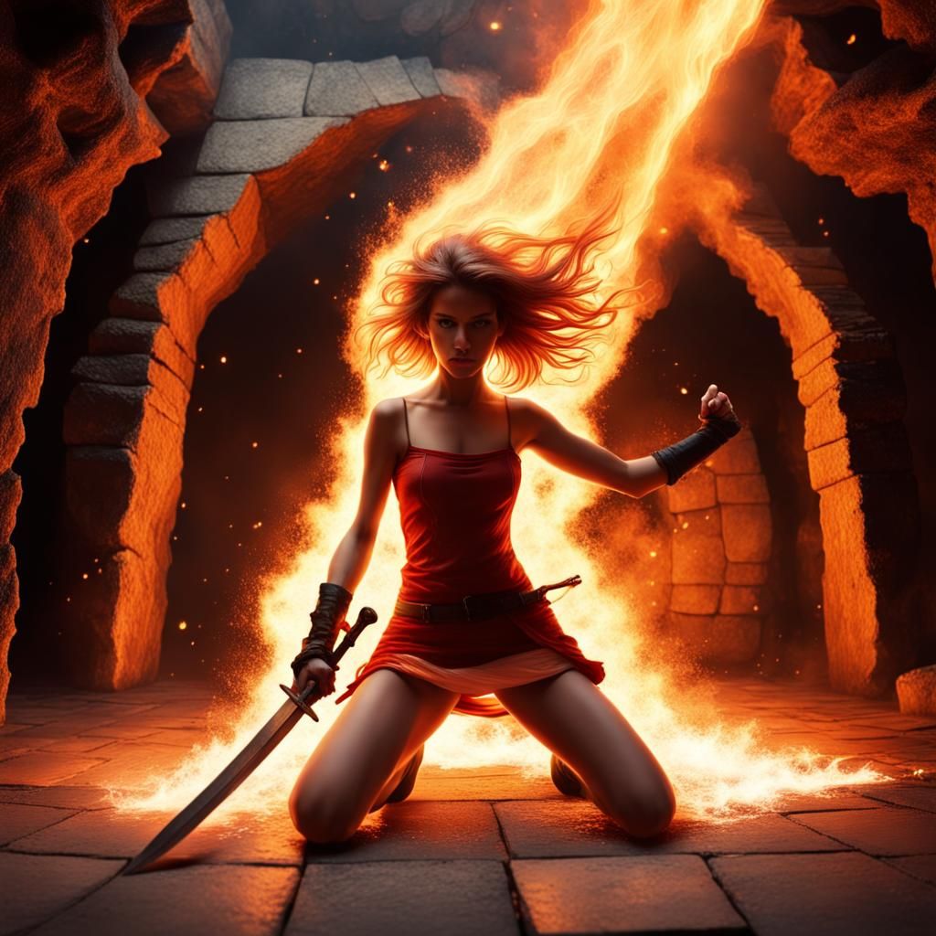 Fiery Woman with Flaming Sword in Cavern