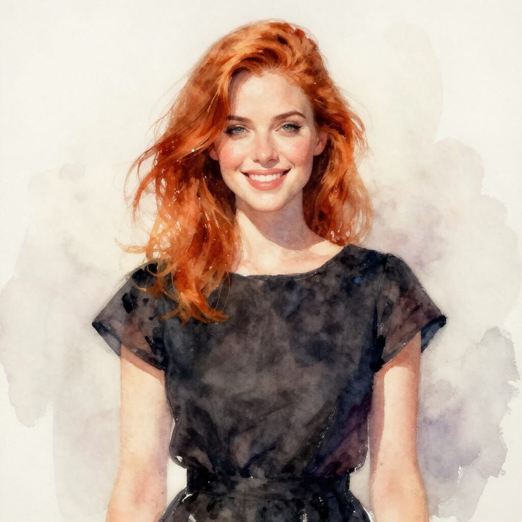 Ginger Haired Woman in Black Dress, Watercolor Style