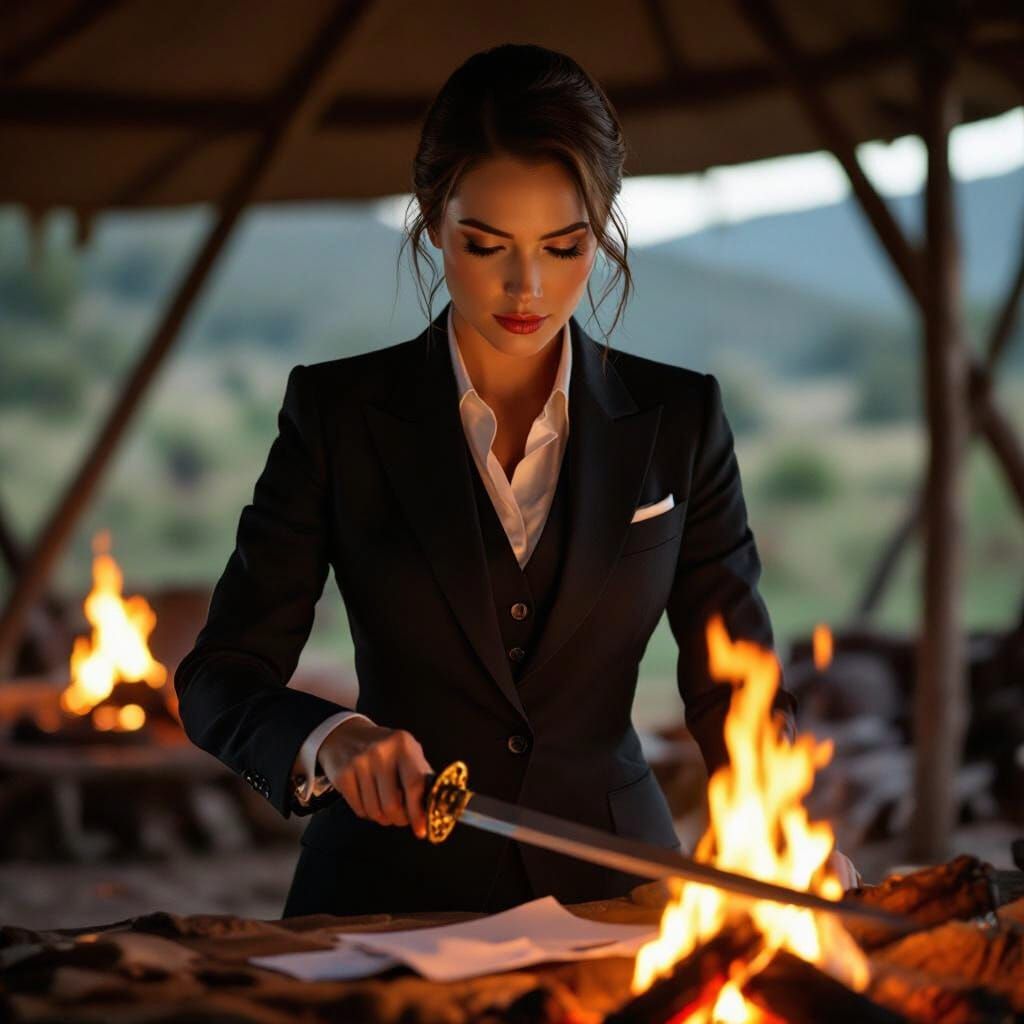Elegant Lady Slices Paper with Sword by Campfire