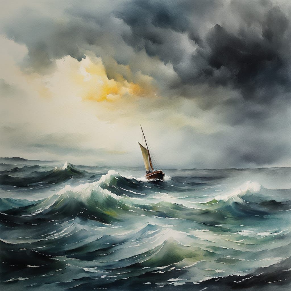 Stormy Seascape in Watercolour with Expressive Brushstrokes