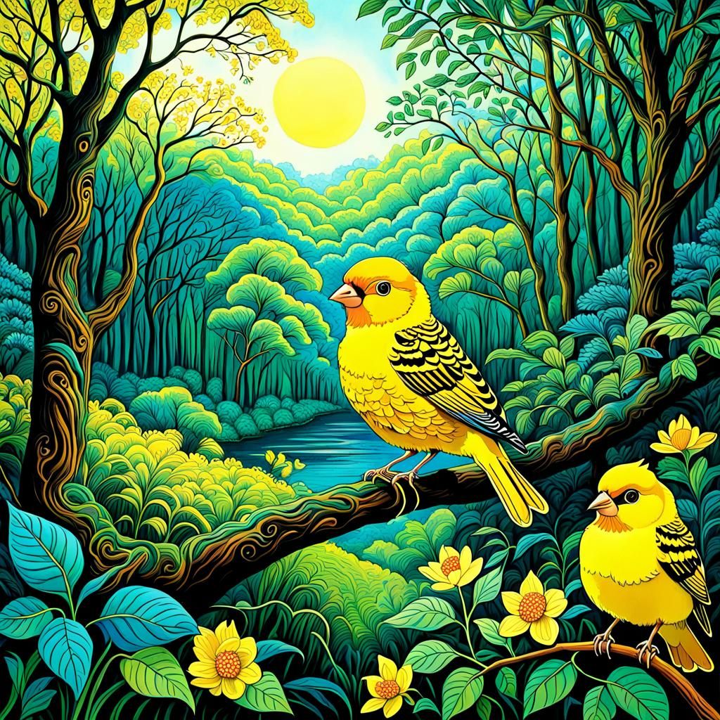Zentangle Canary in Colorful Forest Landscape