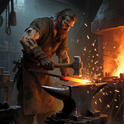 Apprentice Blacksmith Forging Metal in Gritty Concept Art St...