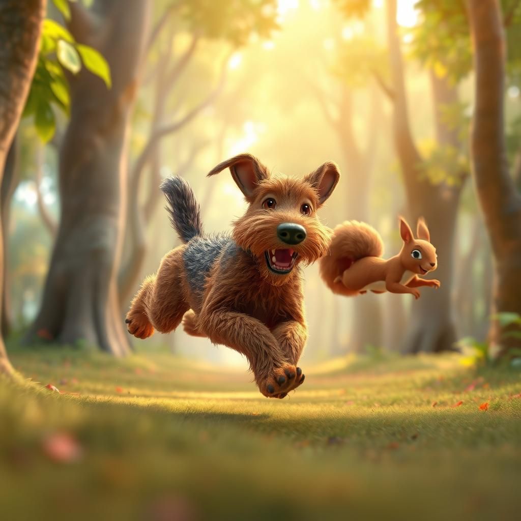 Airedale Terrier's Joyful Forest Chase: 3D Digital Art